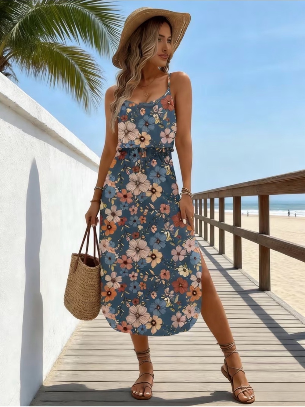 Blue Floral Spaghetti-Strap Summer Midi Dress New Boutique